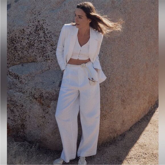 Madewell NWT Harlow Wide-Leg Pant in 100% Linen Size 00 in Eyelet White - Picture 7 of 10